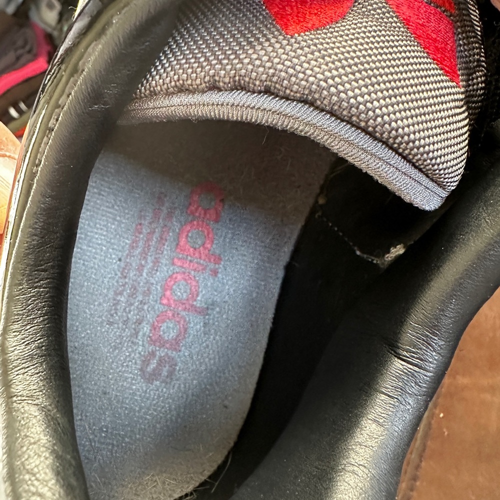 Adidas Black Superstar Sneakers with White Stripes and Red Sole Size 10.5 - Picture 7 of 9